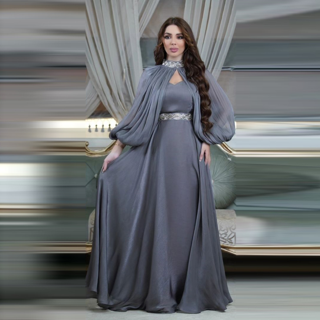 Women’s Two-piece Hot Drilling Bright Silk Fashion Satin Robe Abaya