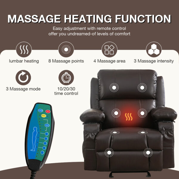 Recliner Chair Rocking Chairs For Adults With 2 Cup Holders, USB Charge Port Soft Features A Manual Massage And Heat.BROWN - Image 9