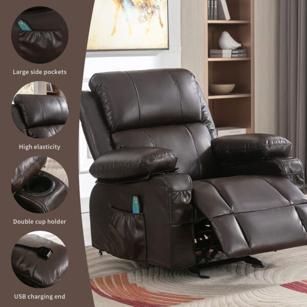 Recliner Chair Rocking Chairs For Adults With 2 Cup Holders, USB Charge Port Soft Features A Manual Massage And Heat.BROWN - Image 5