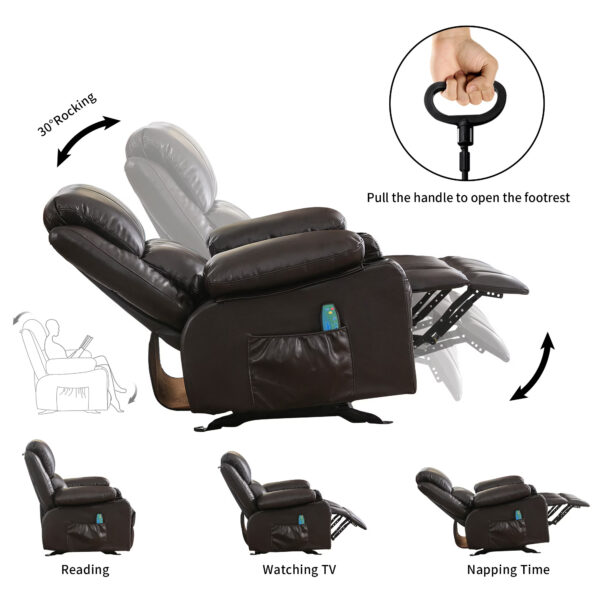 Recliner Chair Rocking Chairs For Adults With 2 Cup Holders, USB Charge Port Soft Features A Manual Massage And Heat.BROWN - Image 8