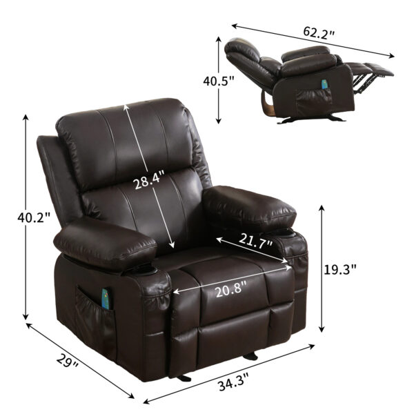 Recliner Chair Rocking Chairs For Adults With 2 Cup Holders, USB Charge Port Soft Features A Manual Massage And Heat.BROWN - Image 4